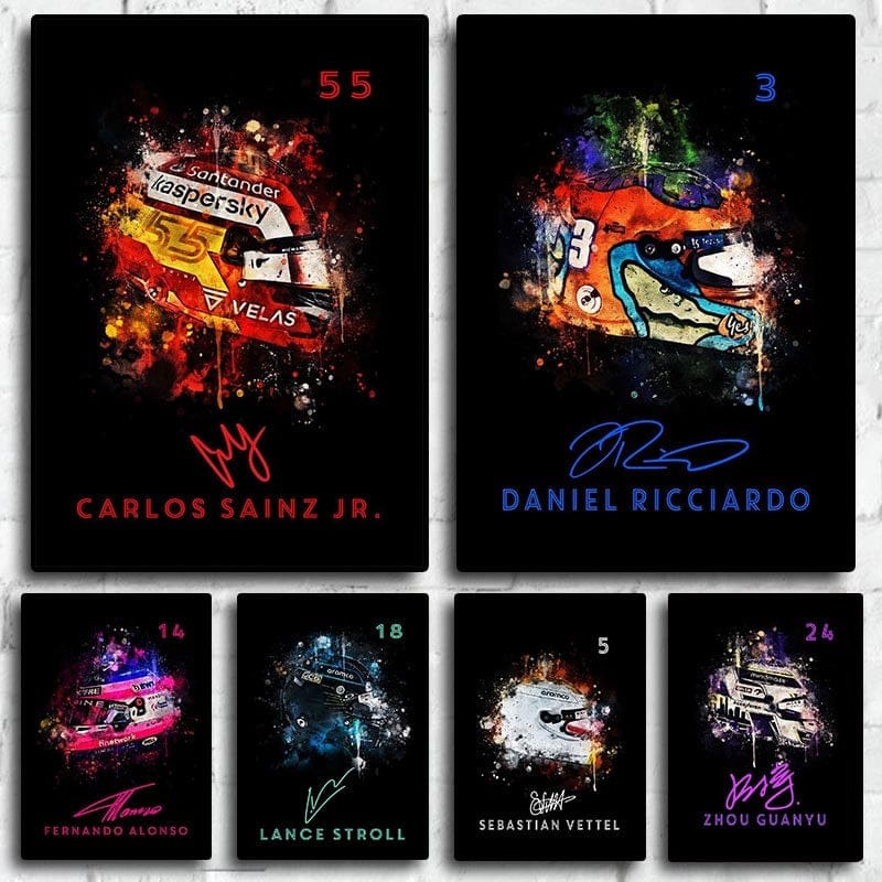 Poster Casque Formule 1 Aquarelle · Pilote Personnalisé Nom & Numéro · Déco Murale · Print sans Cadre